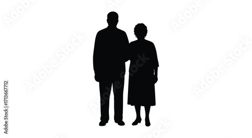 Silhouettes of an elderly couple standing close together against a white background
