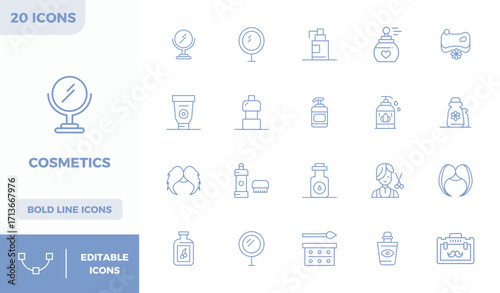 20 PIXEL Perfect Vector Icons themed around Cosmetics in 128x128 Bold Line format