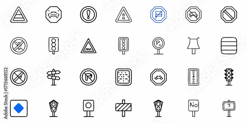 Illustration of various traffic signs including warning regulatory and informational signs in black and white