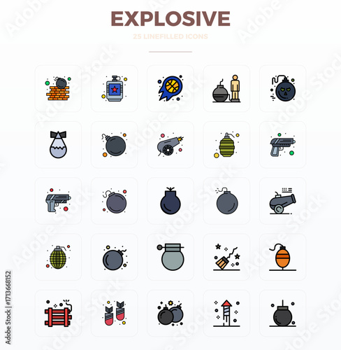 Explosive Vector Icon Repository containing 25 Flat Line Filled 128x128 PIXEL Perfect graphics