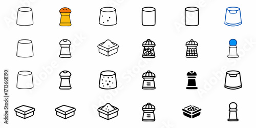 Collection of various spice containers including salt and pepper shakers and open spice boxes icons