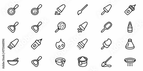 A collection of kitchen and cosmetic tools and containers in a simple line art style illustration