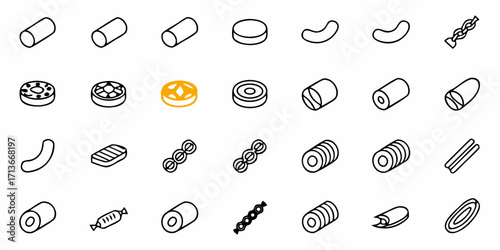 Collection of twenty four different food and plant icons in outline style arranged in a grid pattern