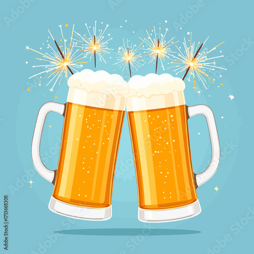 Clinking beer mugs with festive sparklers for Oktoberfest icon vector. Icons of pretzel, beer, Bavarian hat for a holiday celebration
