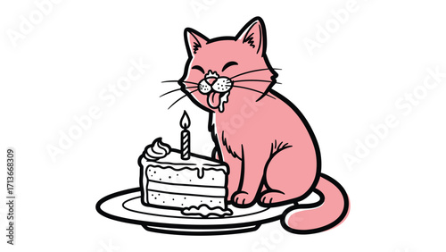 Whimsical Cat & Birthday Cake: A cute cartoon cat, pink, and cheerful, with an exuberant birthday cake featuring a lit candle. The cat is savoring the treat, evoking joy.