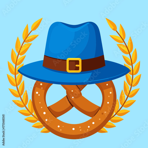 Oktoberfest icon vector Icons of pretzel, beer, Bavarian hat, wheat ears and blue background