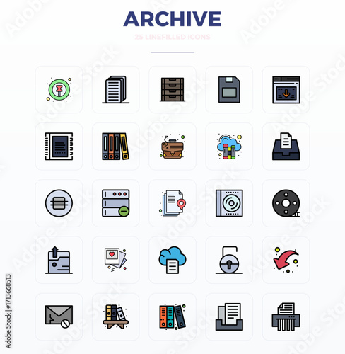 Archive Vector Graphics Pack including 25 Flat Line Filled 128x128 PIXEL Perfect Icons