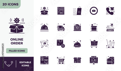 Online Order Vector Graphics Pack including 20 Glyph Filled 128x128 PIXEL Perfect Icons
