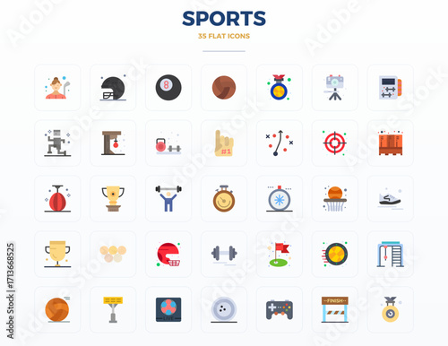 Sports Vector Icon Set with 35 Flat 128x128 PIXEL Perfect Graphics