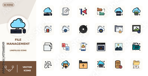 File Management Modern Vector Collection with 24 Lineal Filled Flat 128x128 PIXEL Perfect Icons