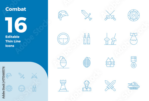 Combat including 16 128x128 Thin Outline Vector Illustrations