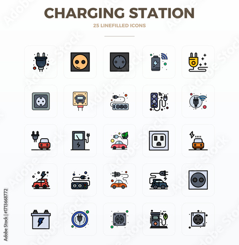 25 128x128 Flat Line Filled Vector Icons optimized for Charging Station PIXEL Perfect display