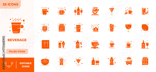 Beverage Vector Icon Collection featuring 28 PIXEL Perfect 128x128 Glyph Filled Designs