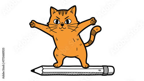 The Whimsical Writer: A playful, animated cat balancing confidently on a pencil, set against a minimalist background, represents creative expression.