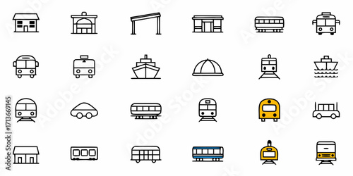 Collection of transportation and street signs icons including trains cars and traffic signals shown here