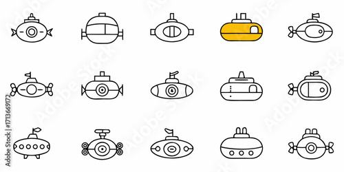 A collection of fifteen submarine icons in various designs and styles, some with yellow coloring element