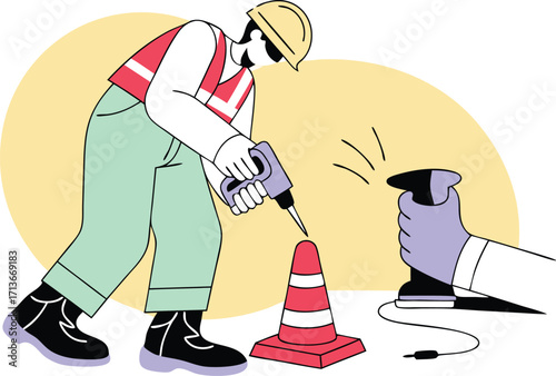 Vector illustration of construction worker with tool safety cone and person in protective gear