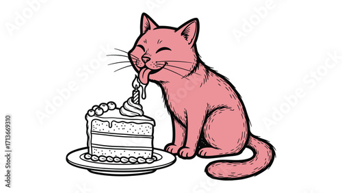 Whimsical Cat Indulgence: A delightfully illustrated cat, in a captivating drawing style, savors the rich flavors of a luscious cake, showcasing an innocent love for sweets, as a dessert concept.