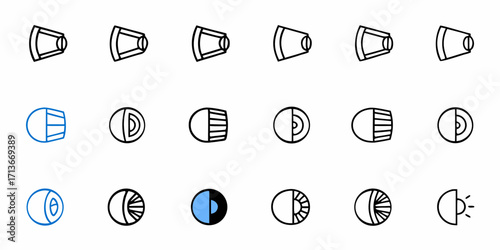 Collection of camera equipment icons including cameras, lighting, and camera accessories in outline style