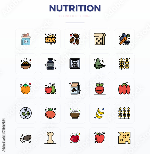 25 Flat Line Filled Vector Icons designed for Nutrition in 128x128 PIXEL Perfect format