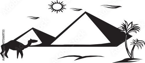 Egypt pyramid silhouette Vector with Camel, palm trees. Clouds, and Sun rase. On White background.