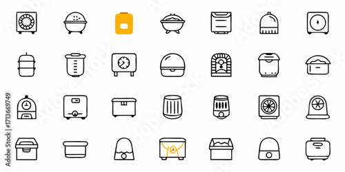 Collection of various kitchen appliances and containers in a grid arrangement on a white background