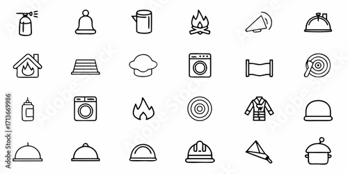 Collection of various kitchen and storage containers in outline style, with one colored tray object
