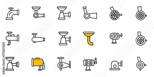 Collection of food preparation icons including fruits eggs and kitchen appliances in a line art style