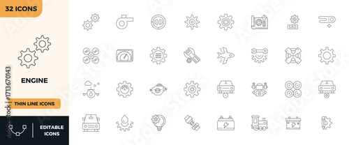 32 128x128 Thin Outline Vector Icons for Engine with PIXEL Perfect precision