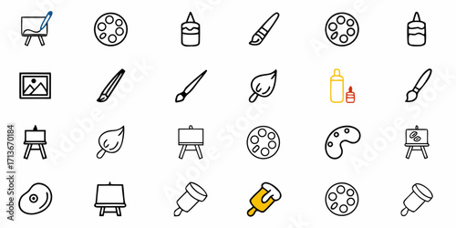 Collection of artistic tools and supplies including paintbrushes easels and paint palettes icons set