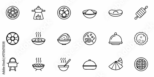 Illustration showcasing various outdoor and camping equipment icons in a simple line art style