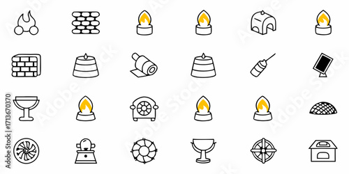 Outline drawings of various cooking and food related items arranged in a grid formation design style