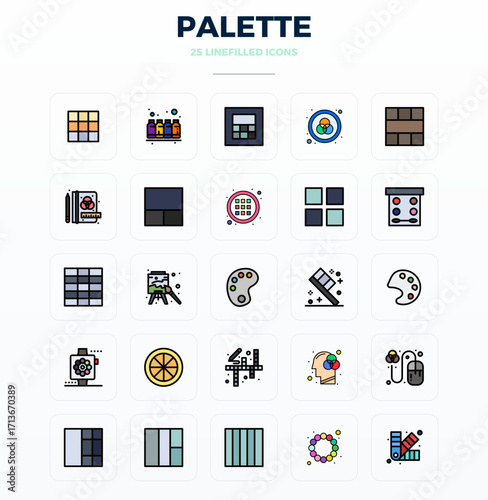 Palette Vector Icon Collection featuring 25 PIXEL Perfect 128x128 Flat Line Filled Designs