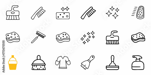 Collection of cleaning tools including brushes sponges and spray bottle in a line art style illustration