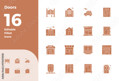 Doors 128x128 Vector Icon Pack with 16 Filled PIXEL Perfect Elements