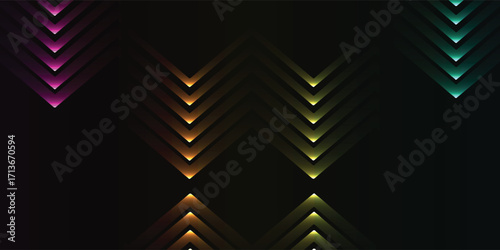 Abstract geometric pattern with colorful, layered chevron shapes on a dark background.
