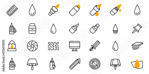 Collection of various dropper bottles and other objects displayed in a line art style on white backdrop