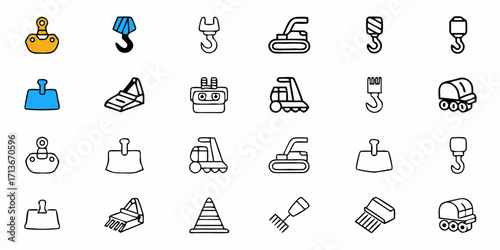 Illustration of baking supplies including molds, whisks, measuring cups, and thermometers in a grid layout