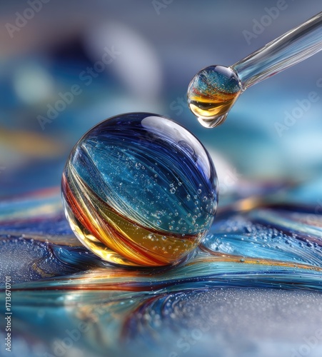 A glass marble, swirling blue, orange, and yellow, rests on a similarly colored, fluid surface. A pipette, holding a drop of viscous liquid, hovers above