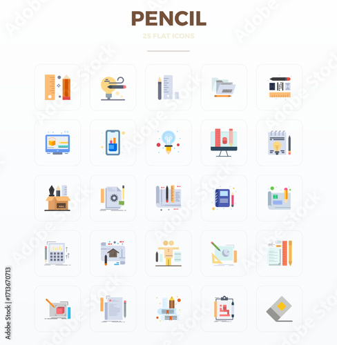 Pencil Complete Vector Package with 25 128x128 Flat PIXEL Perfect Icons