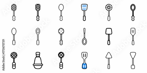 Collection of kitchen utensils including spoons, spatulas, and whisks arranged in a grid pattern