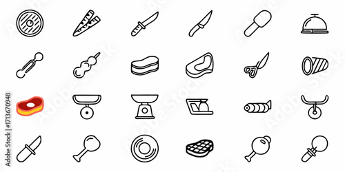 Collection of kitchenware and food icons including knives meat scales and cooking utensils in line art