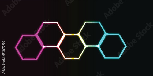 Abstract graphic design of interconnected glowing hexagons in vibrant colors.