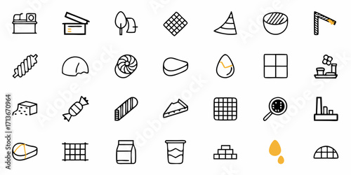 Collection of twenty four black and white line art icons of desserts and drinks in a grid pattern