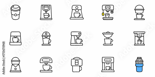 A collection of various kitchen appliance illustrations including stoves and cooker hoods in line art style