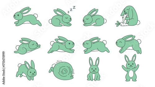 Playful Rabbits in Action: A delightful collection of cute, cartoonish bunnies, captured in various poses that highlight their playful nature. Perfect for adding a touch of joy.