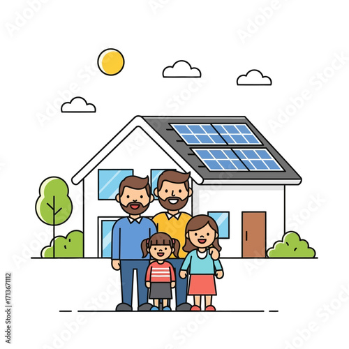Happy diverse family portrait in front of a modern house featuring rooftop solar panels, illustrating a commitment to sustainable living, clean energy, and an environmentally conscious lifestyle