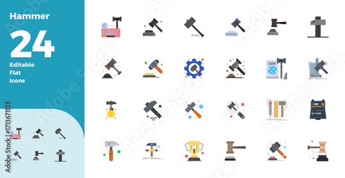 Hammer 128x128 Vector Icon Pack with 24 Flat Color PIXEL Perfect Elements