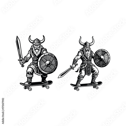 engraving style logo featuring a fierce Viking warrior with a horned helmet and long beard, holding a sword and shield, riding a skateboard