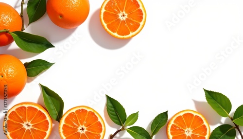 A vibrant display of oranges, with some leaves scattered around, creating a lively and fresh atmosphere. The oranges are in focus against a white background, which enhances their color and prominence